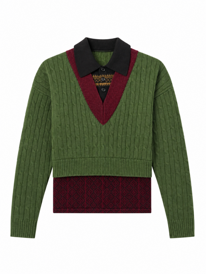 Olive Green Cable-Knit V-Neck Sweater with Black Pointed Collar