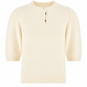 Cream Short Sleeve Henley Sweater with Ribbed Mock Neck