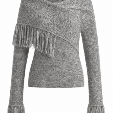 Heather Grey Knit Wrap Off-Shoulder Sweater with Fringe Trim