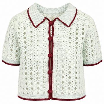Cream Crochet Lace Cardigan with Red Trim