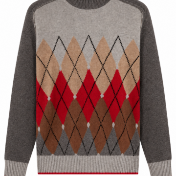 Grey Argyle Pattern Crewneck Sweater with Contrast Trim
