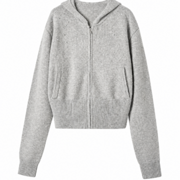 Heather Grey Zip-Up Knit Hoodie with Embellishments
