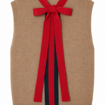 Camel Sleeveless Knit Vest with Red Bow and Navy Stripes