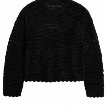 Black Cropped Pointelle Knit Sweater with Scallop Trim
