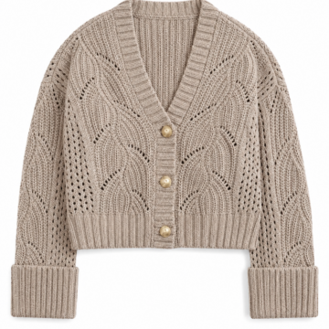 Beige Cropped V-Neck Cardigan with Pointelle Knit
