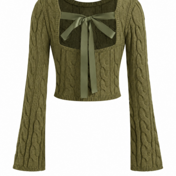 Olive Green Cropped Cable Knit Top with Bow