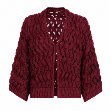 Burgundy Cropped Cable Knit Cardigan with Drop Shoulders
