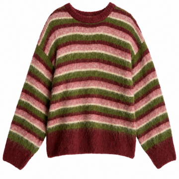 Burgundy Pink Olive Striped Fuzzy Crew Neck Sweater
