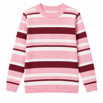 Pink White Burgundy Striped Long Sleeve Crew Neck Pullover Sweater