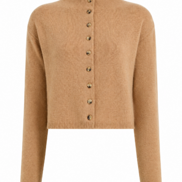 Camel Cropped Button-Front Cardigan with Mock Neck