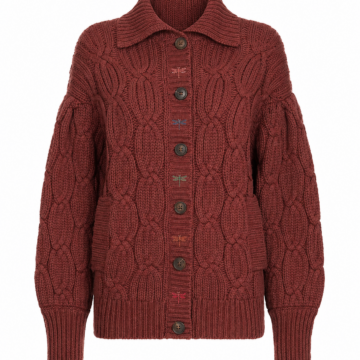 Dark Red Cable Knit Cardigan with Diamond Pattern and Dragonfly Motifs