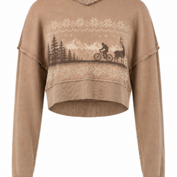 Washed Camel Cropped Relaxed Sweatshirt with Mountain Graphic