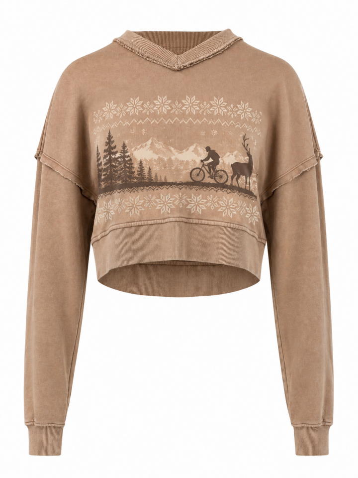 Washed Camel Cropped Relaxed Sweatshirt with Mountain Graphic
