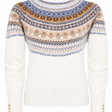 Cream Fair Isle Sweater with Blue and Gold Geometric Pattern