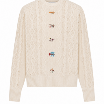 Cream Diamond Cable Knit Pullover Sweater with Insect Embroidery