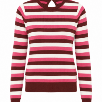 Pink White Brown Striped Long Sleeve Knit Sweater with Keyhole Back