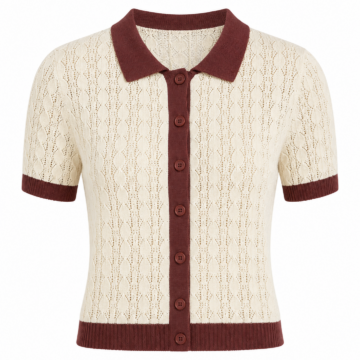 Cream Pointelle Knit Polo Shirt with Contrasting Trim