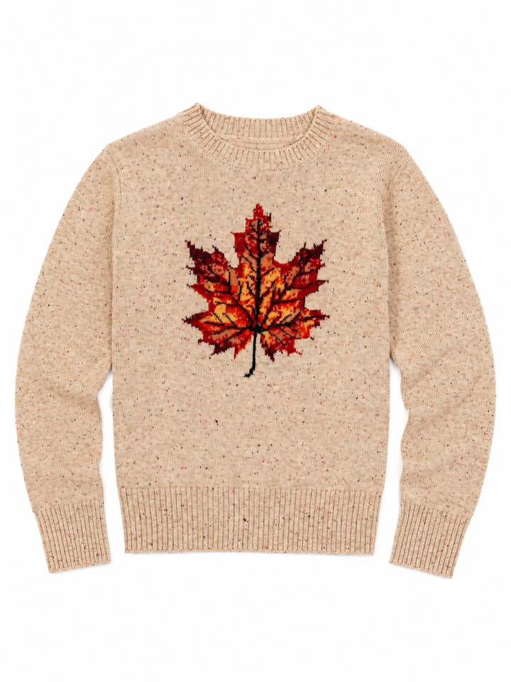 Beige Crewneck Sweater with Maple Leaf Graphic