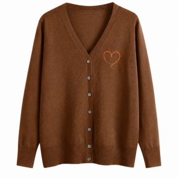 Brown Relaxed Fit V-Neck Cardigan with Orange Heart Motif