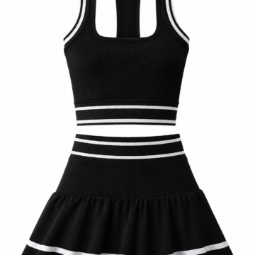 Black Ribbed Crop Top and Skirt Set with White Stripes
