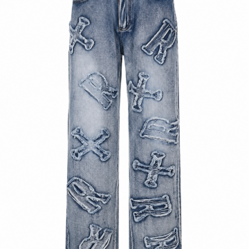 Medium Wash Stone-Washed Straight-Leg Jeans with Crossbone Appliqué