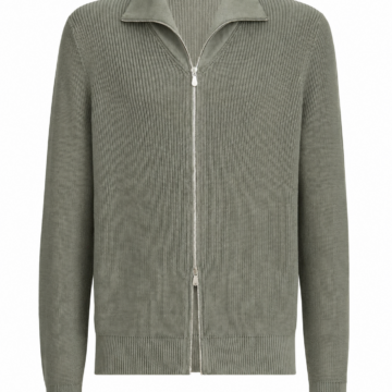 Sage Green Zip-Up Cardigan Sweater with Pointed Collar
