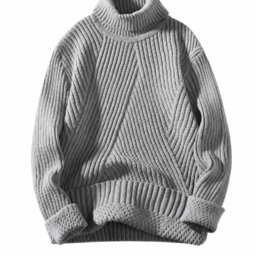 Heather Grey Turtleneck Chunky Ribbed Sweater with Geometric Pattern