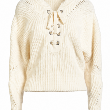 Cream Lace-Up Ribbed Knit Sweater with Pointelle Details