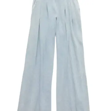 Light Blue Wide-Leg Pleated Pants with Elastic Waist