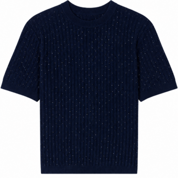 Dark Navy Short-Sleeve Cable Knit Top