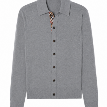 Heather Grey Polo Collar Knit Cardigan with Plaid Trim