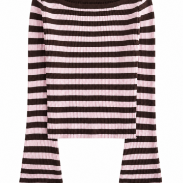 Dark Brown and Pale Pink Striped Boat Neck Pullover Top with Bell Sleeves