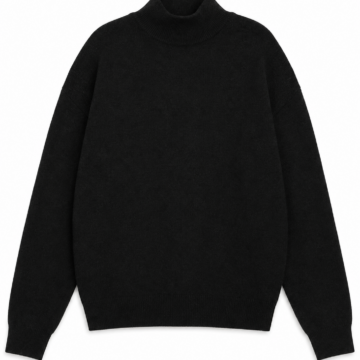 Black Ribbed Mock Neck Turtleneck Sweater with Relaxed Fit