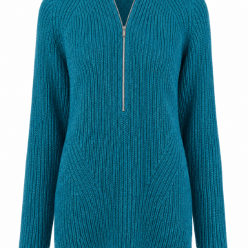 Teal Half-Zip Knit Sweater with V-Neck and Curved Hem