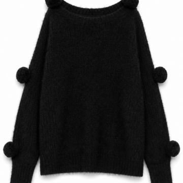 Black Oversized Boat Neck Sweater with Pom-Poms