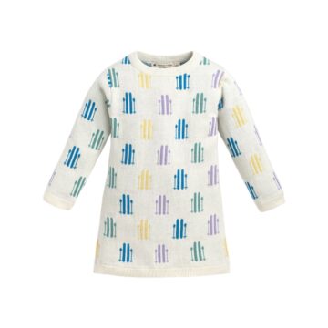 Cream Pastel Fence Pattern A-Line Knit Sweater Dress for Children