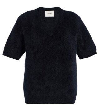 Dark Navy Short-Sleeve V-Neck Knit Sweater with Fuzzy Texture