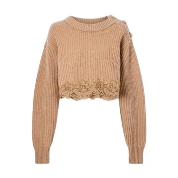 Beige Ribbed Cropped Sweater with Scalloped Hem
