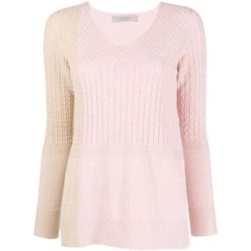 Pale Pink Ribbed V-Neck Sweater with Cream Color Block