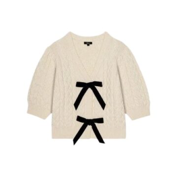 Cream Cable Knit Cardigan with Black Bow Accents