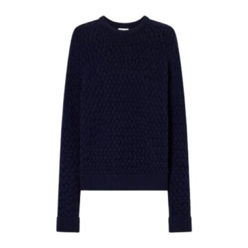 Navy Blue Geometric Cable Pattern Crewneck Sweater