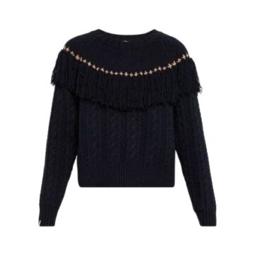 Black Knit Sweater with Fringed Studded Yoke