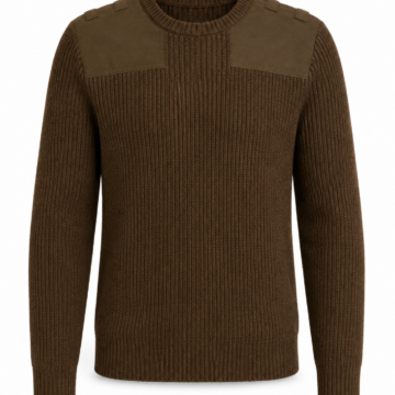 Olive-Brown Ribbed Long-Sleeve Sweater with Buttoned Shoulders