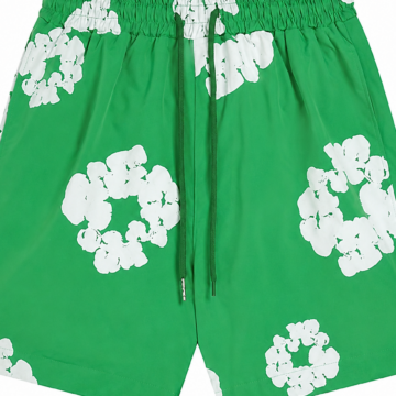 Green Floral Print Elastic Waist Drawstring Shorts