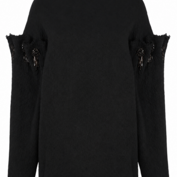 Black Cut-Out Sleeve Frayed Edge Sweater