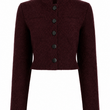 Deep Burgundy Cropped Knit Cardigan with Stand Collar