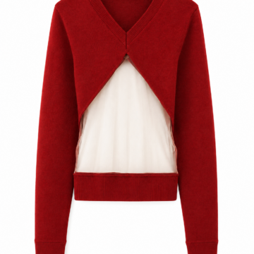 Deep Red V-Neck Cropped Cardigan with Sheer Mesh Panel