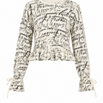 Off-White Blouse with Black Script Print and Peplum Hem