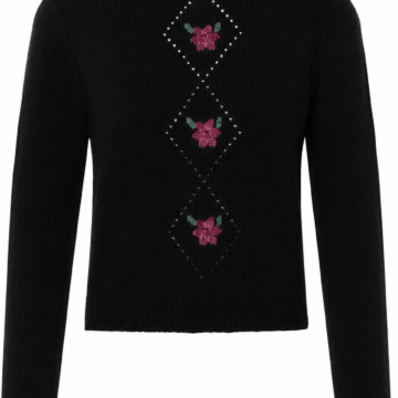 Black Long-Sleeve Knit Sweater with Pink Floral Rhinestone Detail