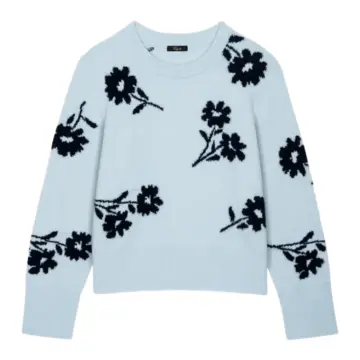 Light Blue Relaxed Fit Crewneck Sweater with Black Floral Motifs